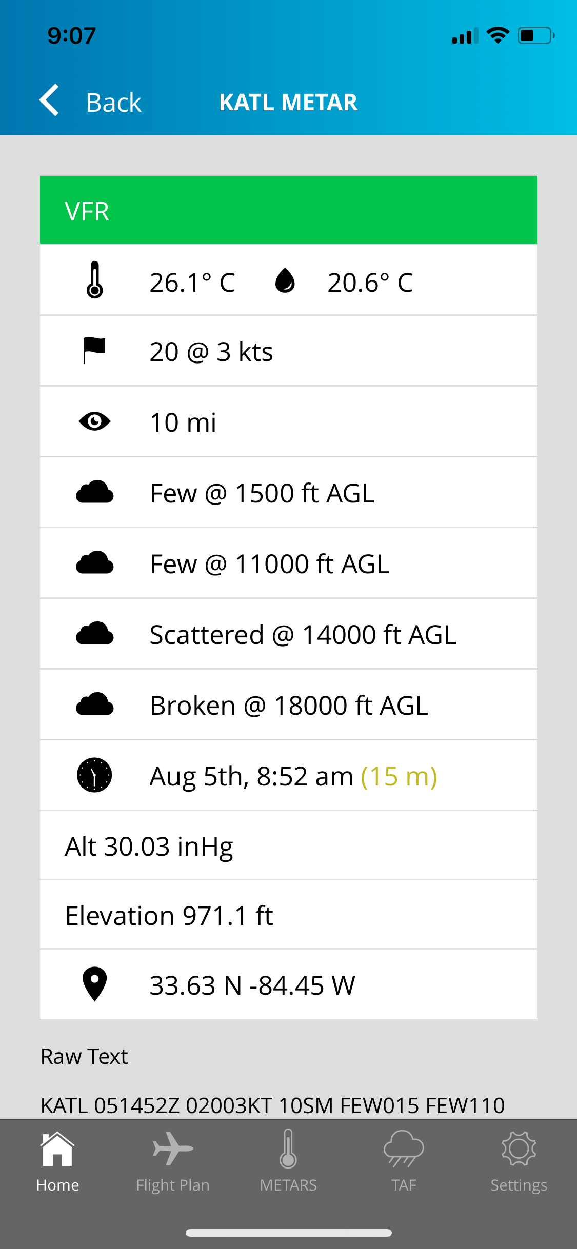 Aviation Weather METAR Details Screen